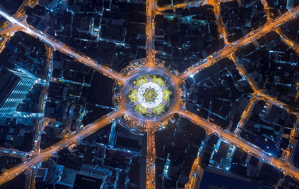 Traffic circle from above at night
