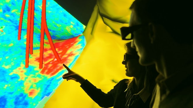 Imagen sísmica con trayectorias de sondeos donde se muestra cómo se pueden integrar datos del subsuelo obtenidos de distintas fuentes