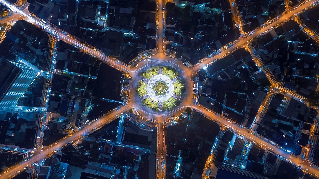 Traffic circle from above at night