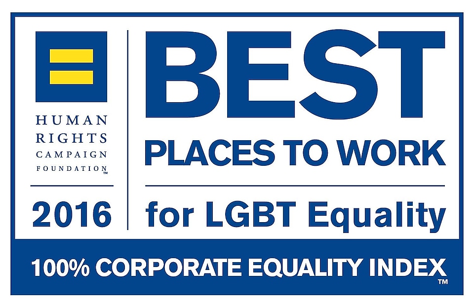 Esta imagen muestra un texto que dice: Fundación de la campaña de derechos humanos en 2016. Mejor lugar para trabajar en materia de igualdad para LGBT. Índice de igualdad corporativa del 100%.