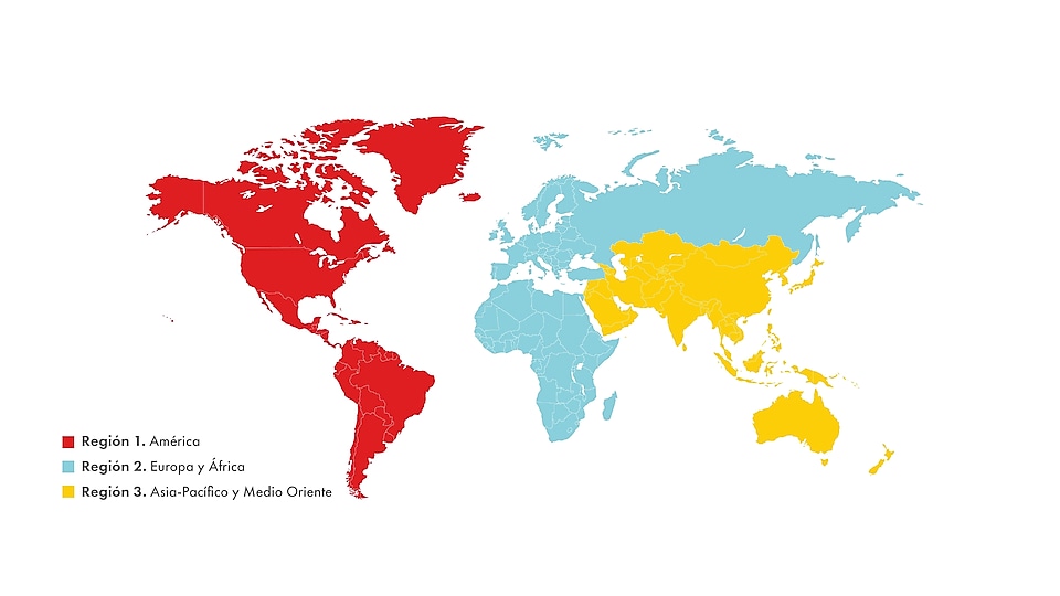 Mapa de las regiones por color de la competencia.  Región 1: América Región 2: Europa y África Región 3: Asia-Pacífico y Medio Oriente