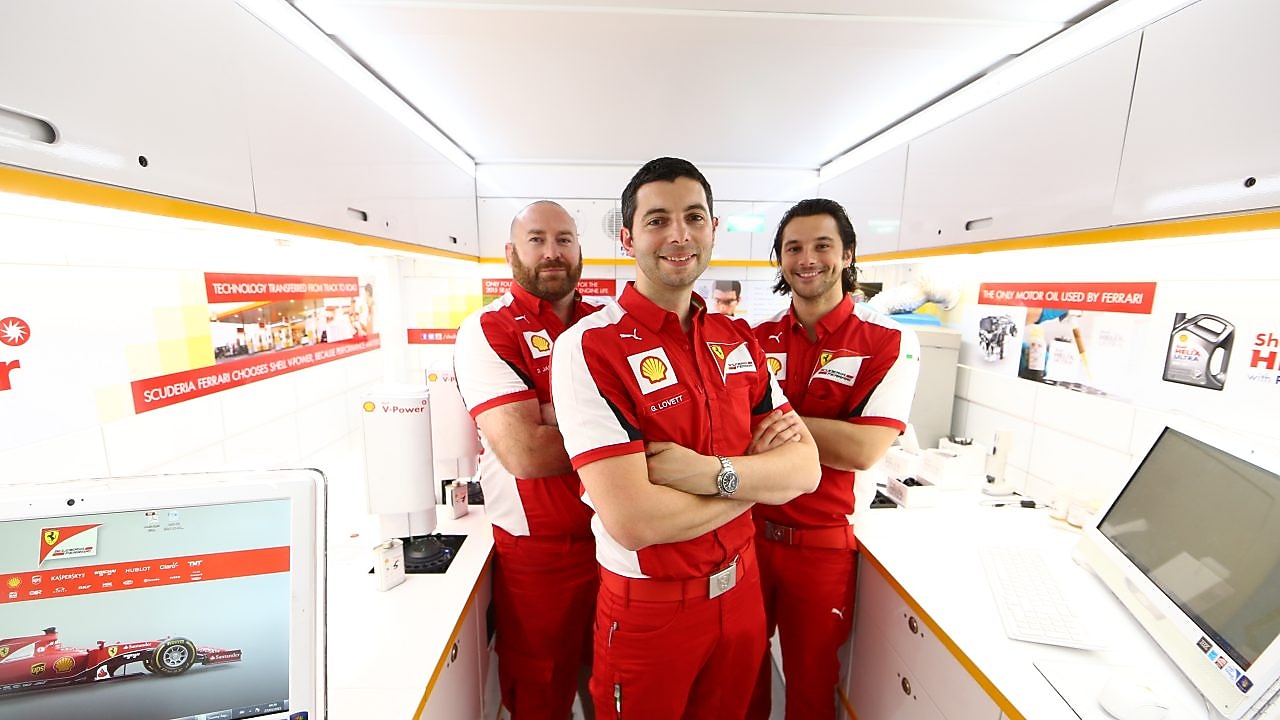 Formula 1 drivers standing in Shell's Track Lab